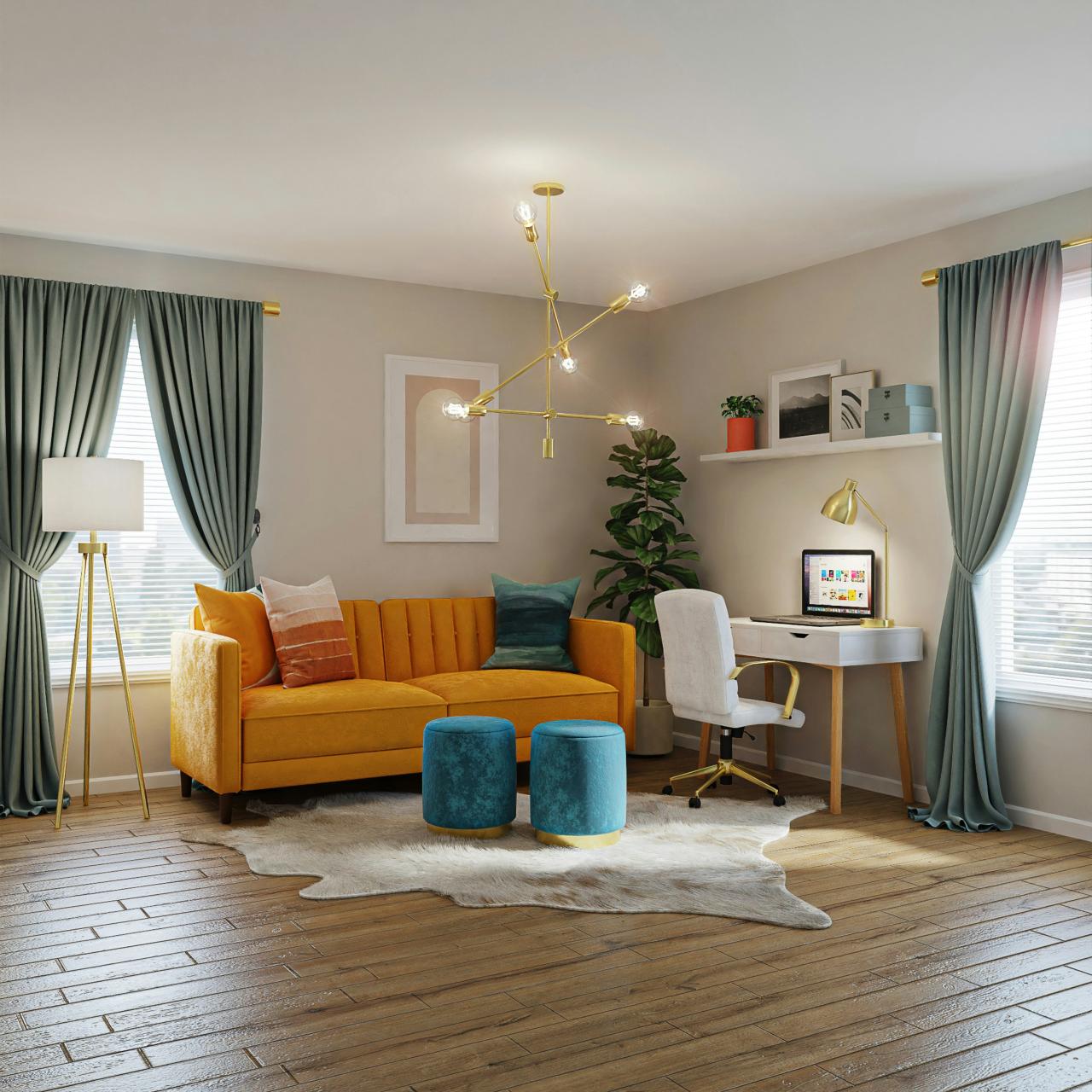 Adaptable living space with open floor area and movable furniture