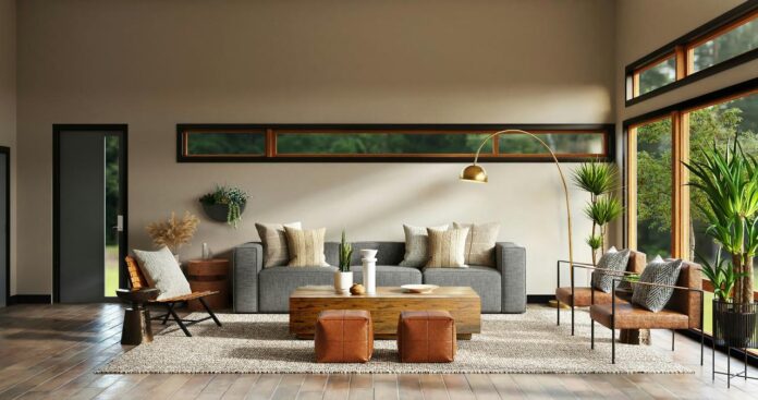 Living room with plants, natural tones, and daylight for biophilic home design