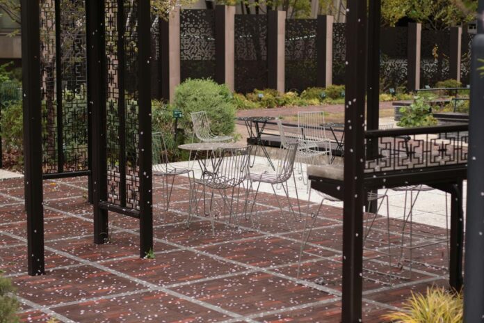 Brick patio with outdoor tables illustrating jointed paving and usable space