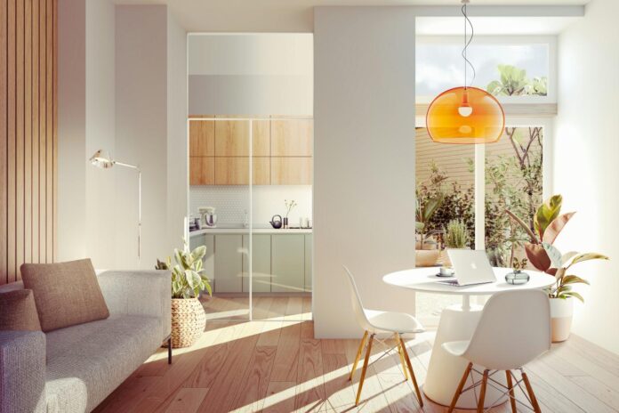 Flexible living room arranged for seating, dining, and everyday activities