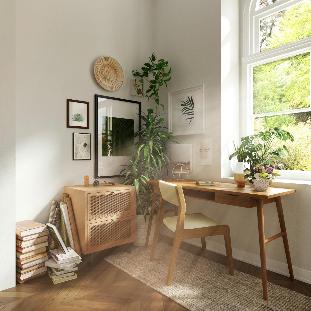 Sunlit home office with plants and natural wood surfaces