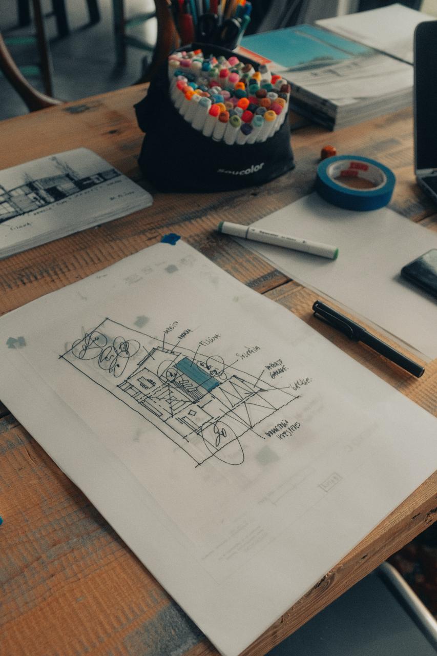 Printed plan and pens used to develop a renovation brief